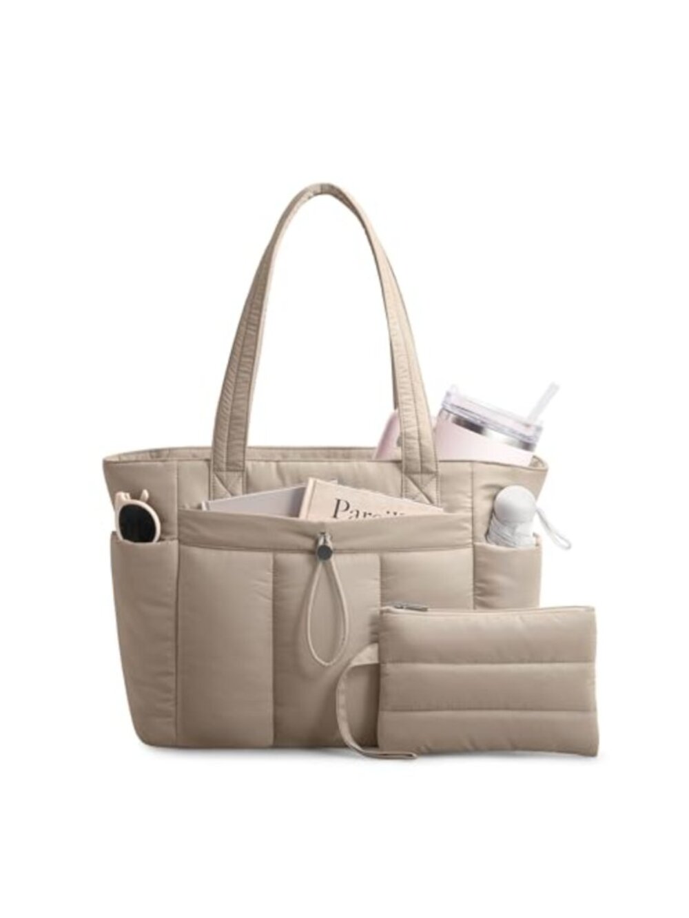 Puffy Tote Bag for Women with Cup Holder Laptop Compartment & Cosmetic Bag